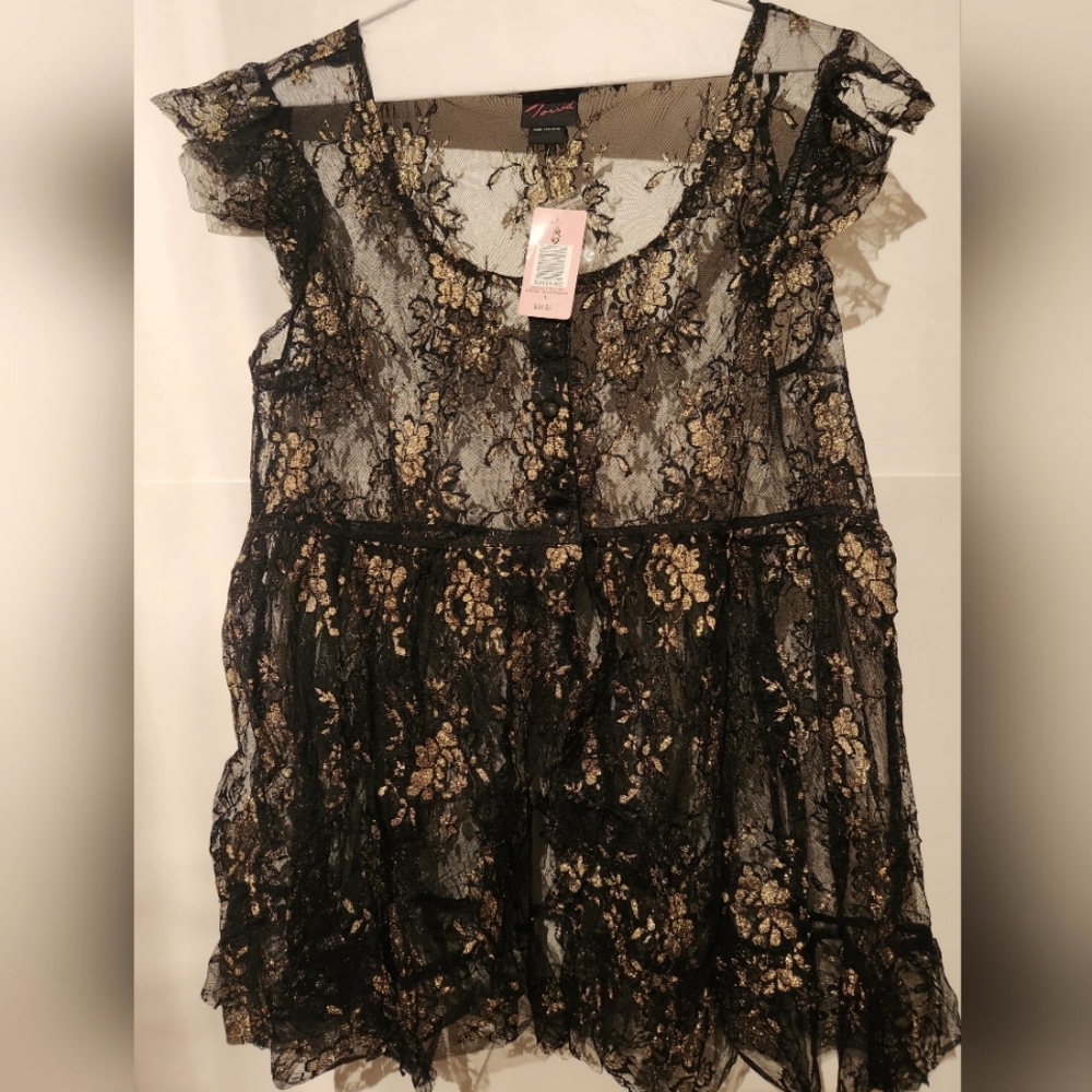 Beautiful!  Brand New With Tags!  Torrid Sheer Lace Black and Gold Top!  Size 1.